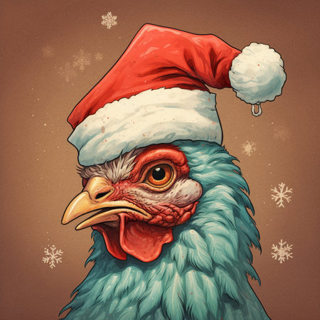 Christmas rooster in santa hat with snowflakes. illustrationの素材