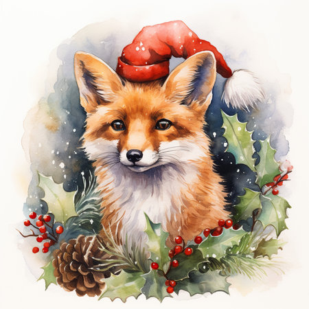 Watercolor illustration of a cute fox in a Santa Claus hat.の素材