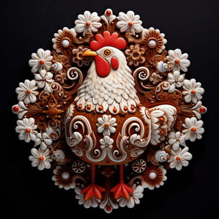 Ceramic rooster with flowers on a black background, top viewの素材