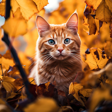 Cute ginger cat with blue eyes in the autumn leaves background.の素材