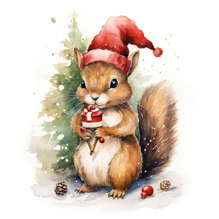 Cute squirrel in red santa hat. Watercolor illustration.の素材