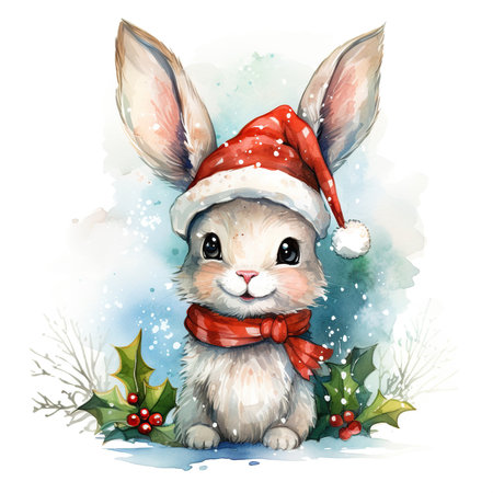 Cute cartoon bunny with red Christmas hat. Watercolor illustration.の素材