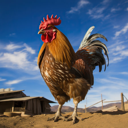 Colorful rooster in the village on background of blue sky.の素材