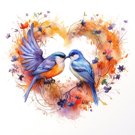 Watercolor birds in love. Hand drawn illustration on white background.の素材