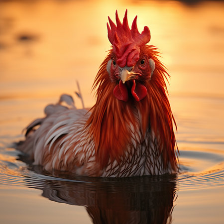 Beautiful rooster swimming in the water at sunset. Portrait of a rooster.の素材