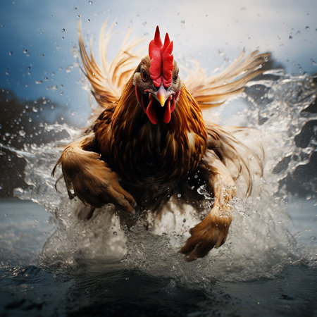 Portrait of a rooster jumping in the water with splashesの素材