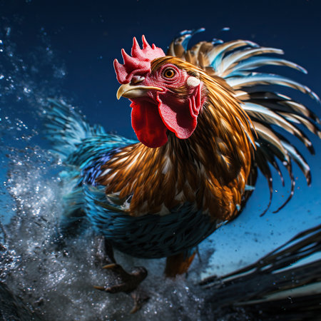Rooster in the water. Rooster on a dark background.の素材