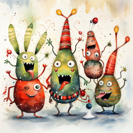 Funny monsters with party hats. Watercolor illustration for your designの素材