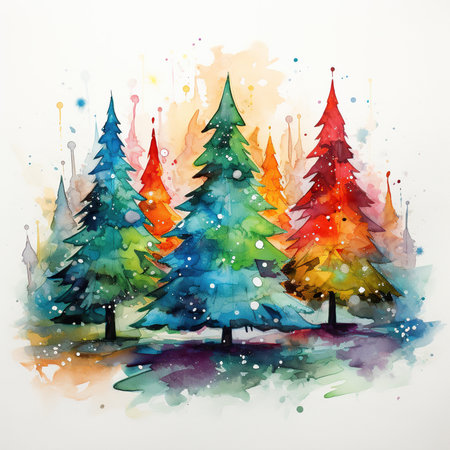 Watercolor painting of Christmas trees in the park. Vector illustration.の素材