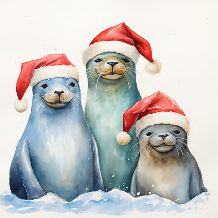 Cute seals in Santa Claus hats on white background. Watercolor illustrationの素材