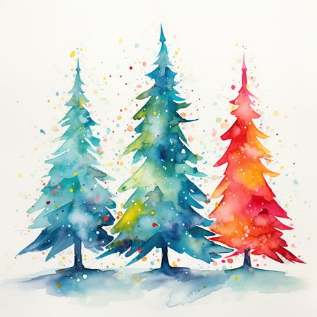 Watercolor Christmas trees on white background. Watercolor painting illustration.の素材