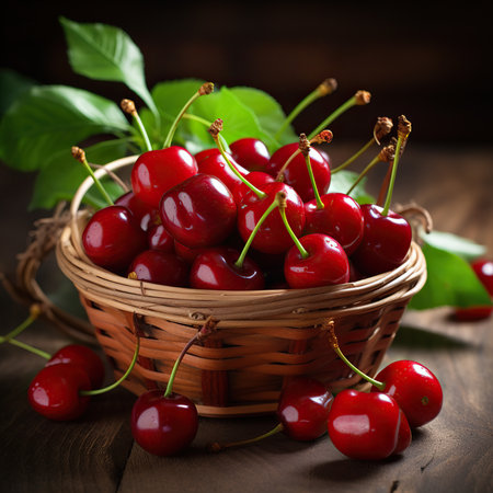 Sweet cherries in a basket on a wooden background. Selective focusの素材
