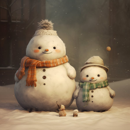 Snowman family in warm clothes and scarf on snowfall background.の素材