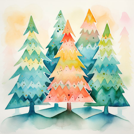 Watercolor christmas tree. Hand drawn watercolor illustration on white background.の素材