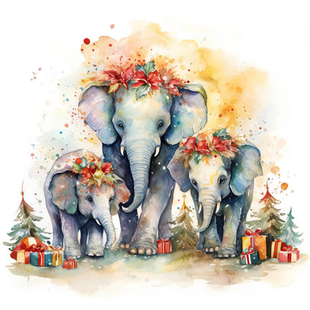 Watercolor Christmas card with two elephants and gifts. Hand drawn illustrationの素材