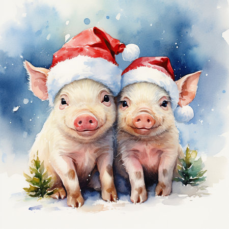 Two cute pigs in Santa Claus hats on the background of winter landscapeの素材