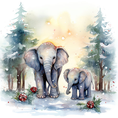 Watercolor illustration of two elephants in the winter forest. Watercolor illustration.の素材
