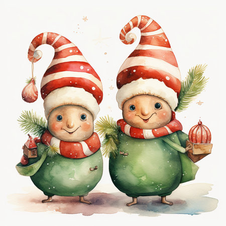 Two cute little snowmen with Christmas gifts. Watercolor illustration.の素材