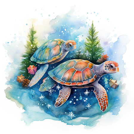 Watercolor illustration of two turtles and Christmas tree on a white background.の素材