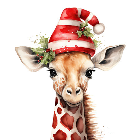 Cute giraffe in Santa Claus hat. Watercolor illustration.の素材