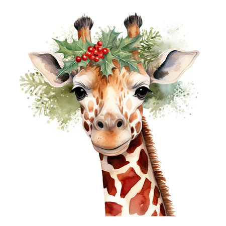 Cute giraffe with Christmas wreath. Watercolor illustration.の素材