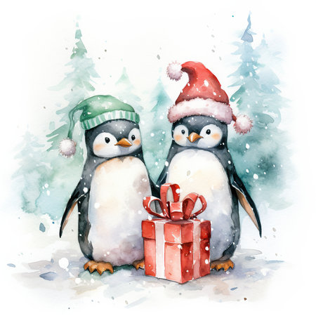 Cute penguins with christmas gift. Watercolor illustration.の素材