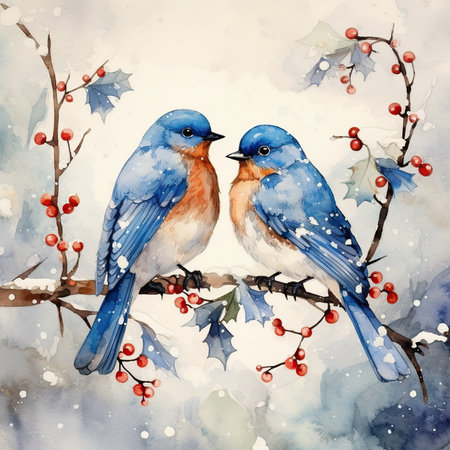 Two bluebirds on a branch with red berries. Watercolor illustrationの素材