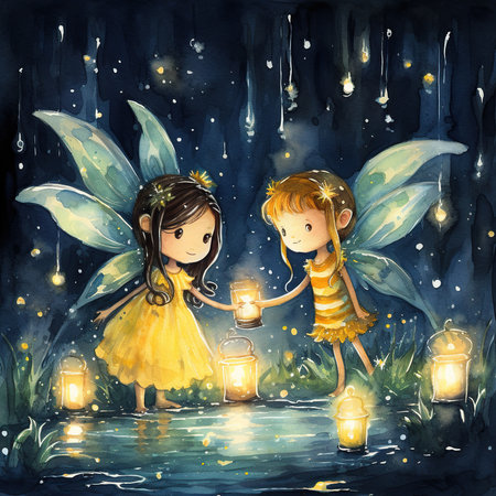 Cute little fairies with lanterns. Watercolor hand drawn illustrationの素材