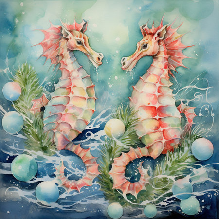 Watercolor seahorses with christmas decoration. Hand drawn illustrationの素材