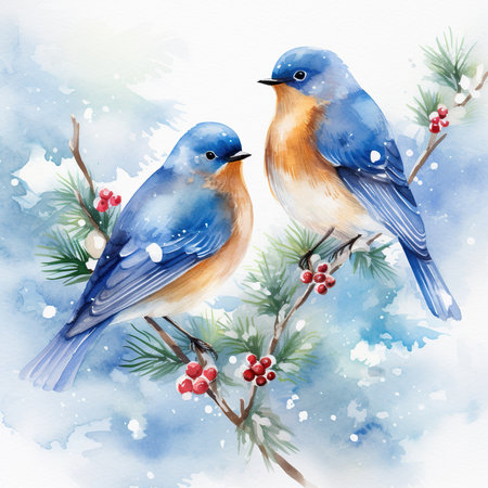 Watercolor illustration of a pair of bluebirds sitting on a branch of a Christmas treeの素材