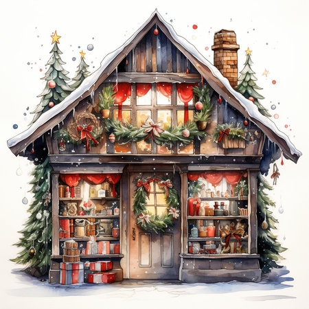Christmas and New Year illustration of wooden house with christmas tree and giftsの素材