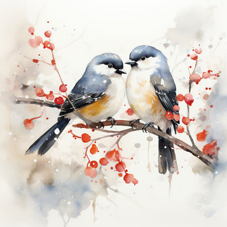 Watercolor illustration of a pair of birds sitting on a branch with red berriesの素材