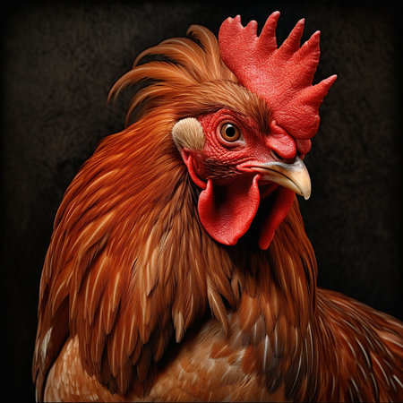 Red rooster on a dark background. Close-up portrait.の素材