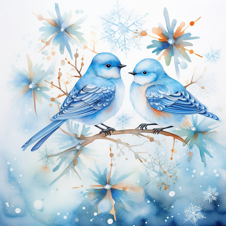 Two blue birds on a branch with snowflakes. Watercolor illustration.の素材