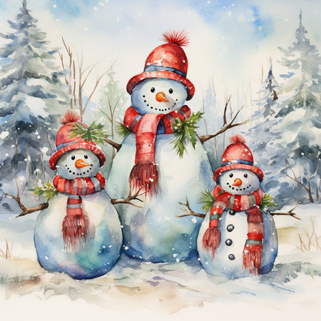 Watercolor snowman family in winter forest. Hand drawn illustration.の素材