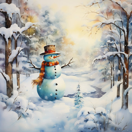 Funny snowman in the winter forest. Watercolor painting.の素材