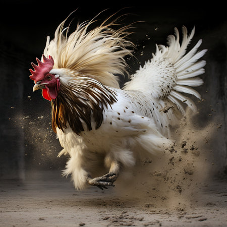 Beautiful rooster in action, isolated on black background, studio shotの素材