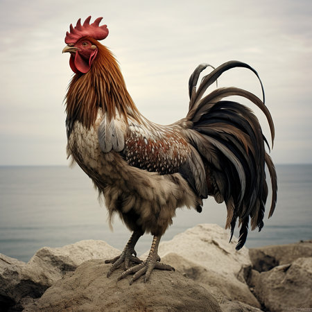 Rooster standing on a rock by the sea. Vintage style.の素材