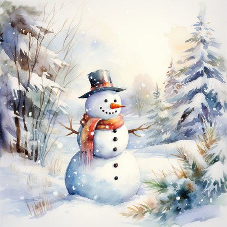 Watercolor illustration of a snowman in winter forest. Christmas card.の素材