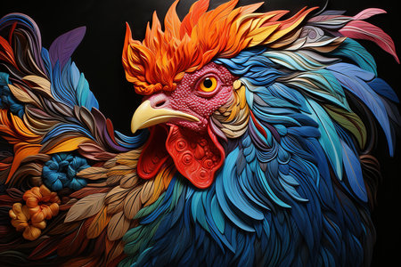 Colorful rooster on black background. 3D illustration. Toned.の素材