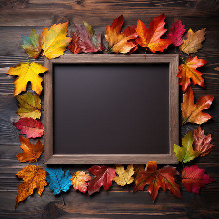 Blackboard with autumn leaves on wooden background. Top view with copy spaceの素材
