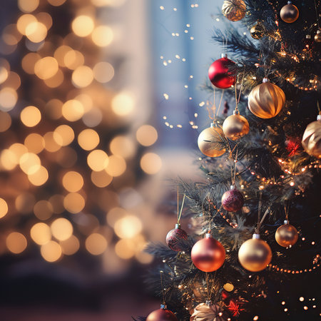 Christmas tree with ornaments on blurred bokeh background.の素材
