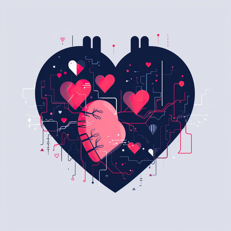 Vector illustration of a heart with circuit board and hearts. Valentine's day background.の素材