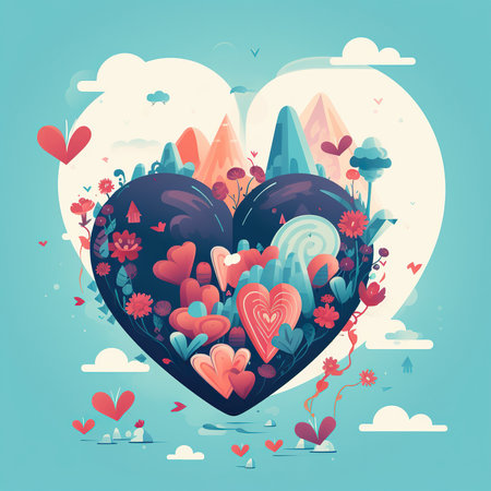 Valentine's day card with heart and mountains. Vector illustration.の素材