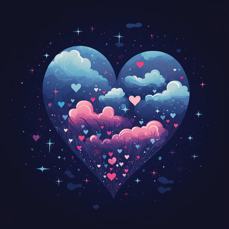 Heart with clouds and stars. Valentine's day card. Vector illustration.の素材