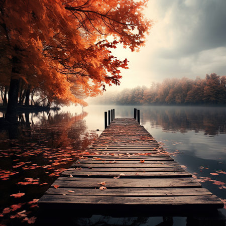 Wooden pier on the lake with autumn trees and fallen leaves.の素材