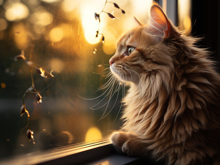 Cute ginger cat on window sill at sunset. Fluffy petの素材