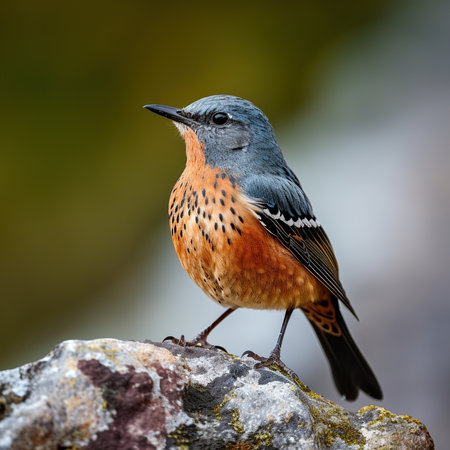 Female Rock Thrush (Luscinia rubecula) perched on a rockの素材