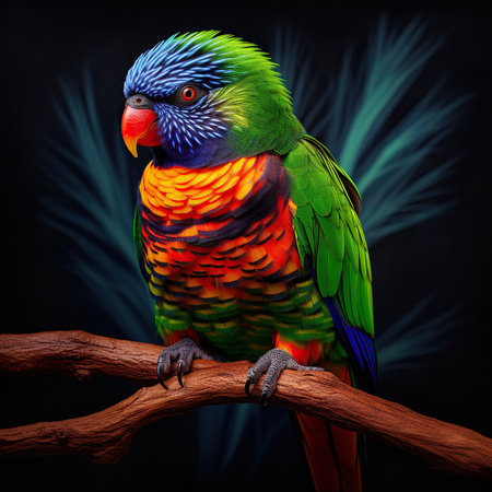 Rainbow Lorikeet parrot on a branch against a dark backgroundの素材