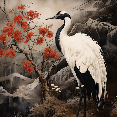 Digital painting of a crane in the forest with trees and berries.の素材